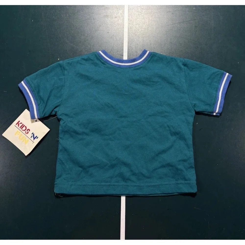 VTG 90s Striped Pocket T Shirt Size 18 Month Toddler Green Blue Deadstock NOS